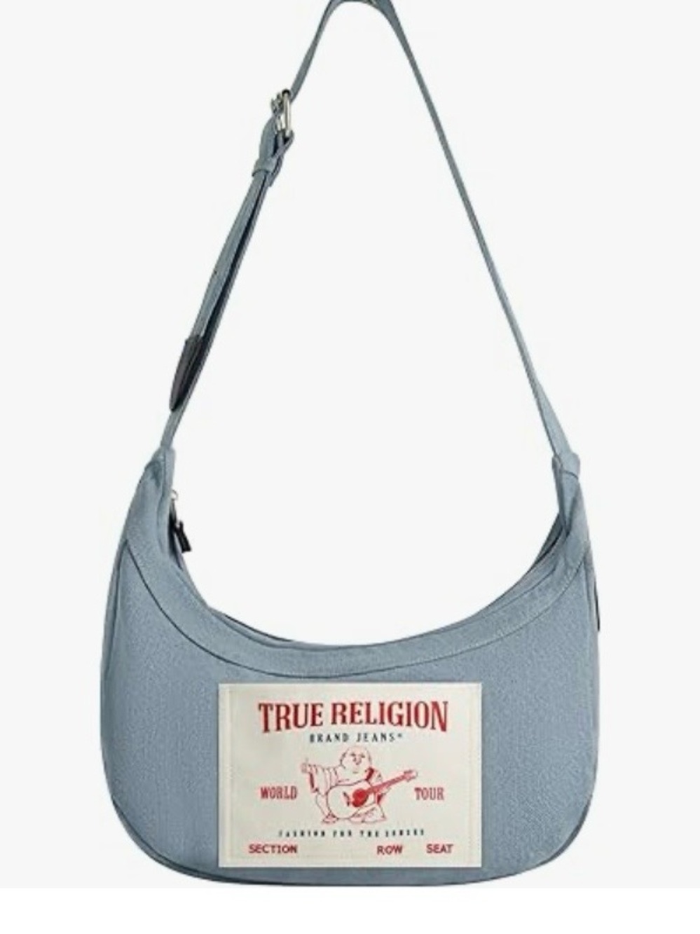 True Religion Blue Denim Shoulder Bag (Buddha Pocket Hobo) with Adjustable Strap